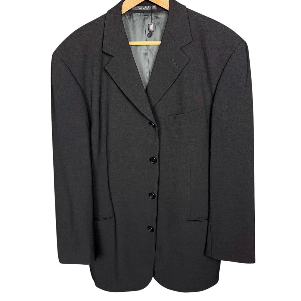 Vintage 90s Hugo Boss Men's 42R Black 4 Button Wool Stretch Blazer Office Casual